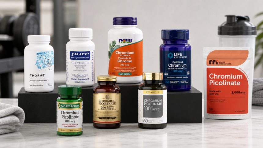 Chromium supplement bottles arranged in a bright fitness nutrition studio