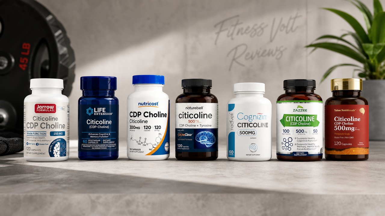 Citicoline and CDP-choline supplement bottles arranged on a bright desk with a training notebook and water bottle
