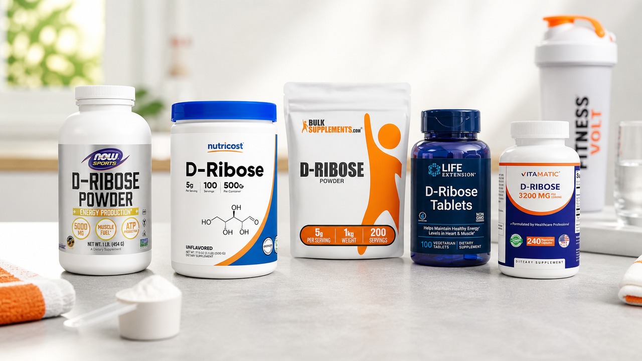Real labeled products from the best D-ribose supplements comparison arranged in a natural editorial setting