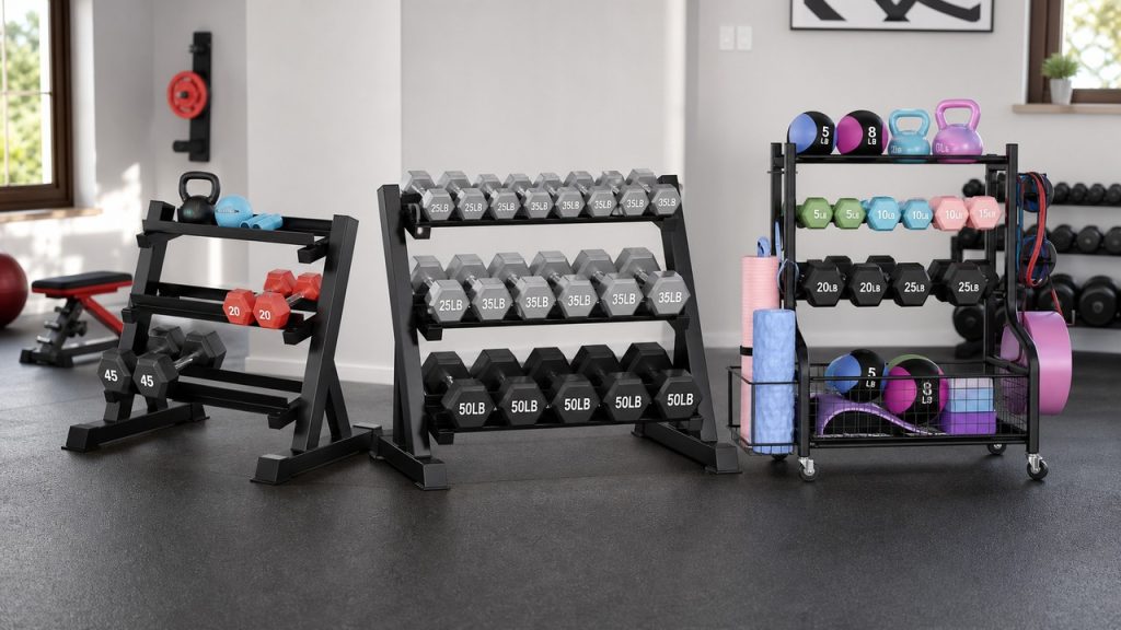 Dumbbell rack with neatly organized hex dumbbells in a compact home gym