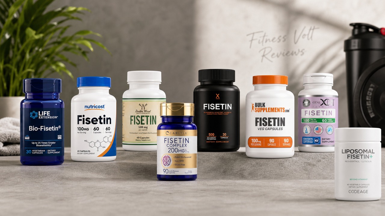 Eight fisetin supplement bottles arranged beside strawberries and a clear supplement facts panel in a bright nutrition setting