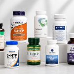 Eight 5-HTP supplement bottles arranged for a label and formula comparison