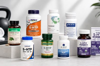 Eight 5-HTP supplement bottles arranged for a label and formula comparison