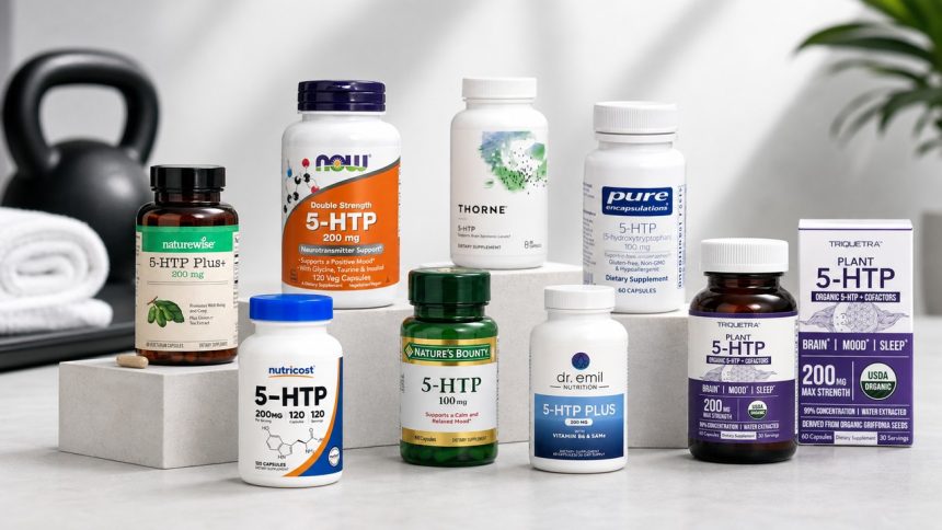 Eight 5-HTP supplement bottles arranged for a label and formula comparison