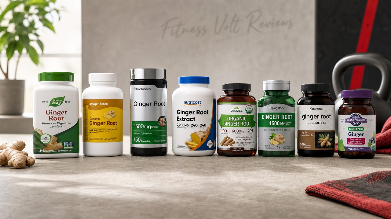 Eight ginger supplement bottles and capsules on a bright fitness studio workbench