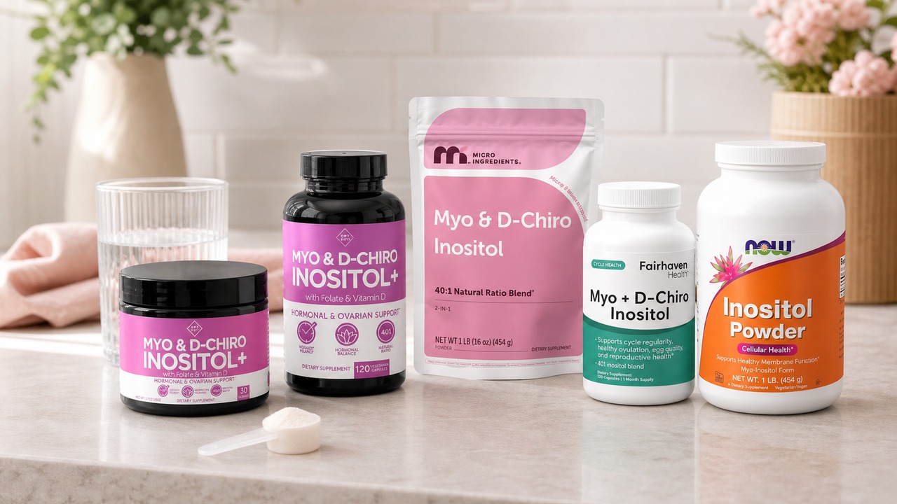 Real labeled products from the best inositol supplements comparison arranged in a natural editorial setting