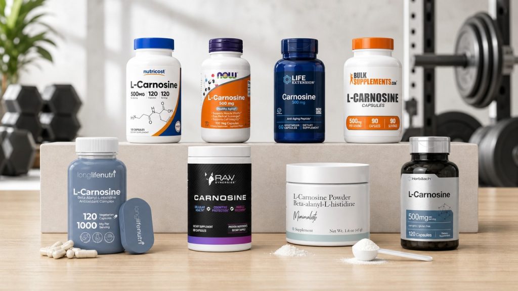 L-carnosine supplement bottles and powder compared on a bright fitness studio workbench