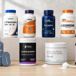 L-carnosine supplement bottles and powder compared on a bright fitness studio workbench
