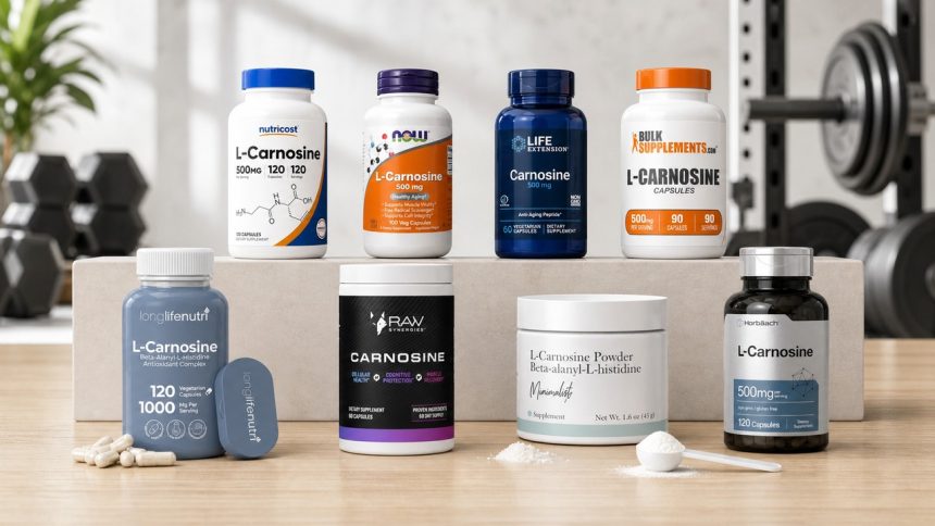 L-carnosine supplement bottles and powder compared on a bright fitness studio workbench