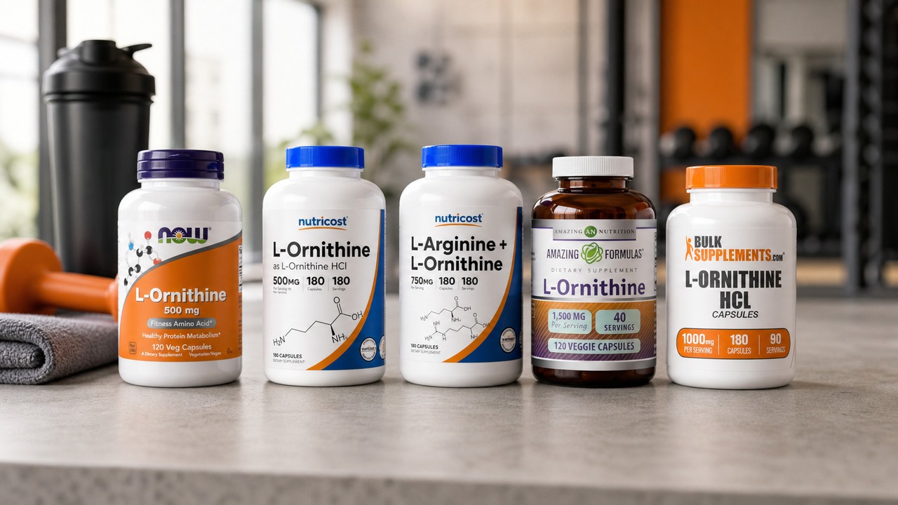 Real labeled products from the best L-ornithine supplements comparison arranged in a natural editorial setting