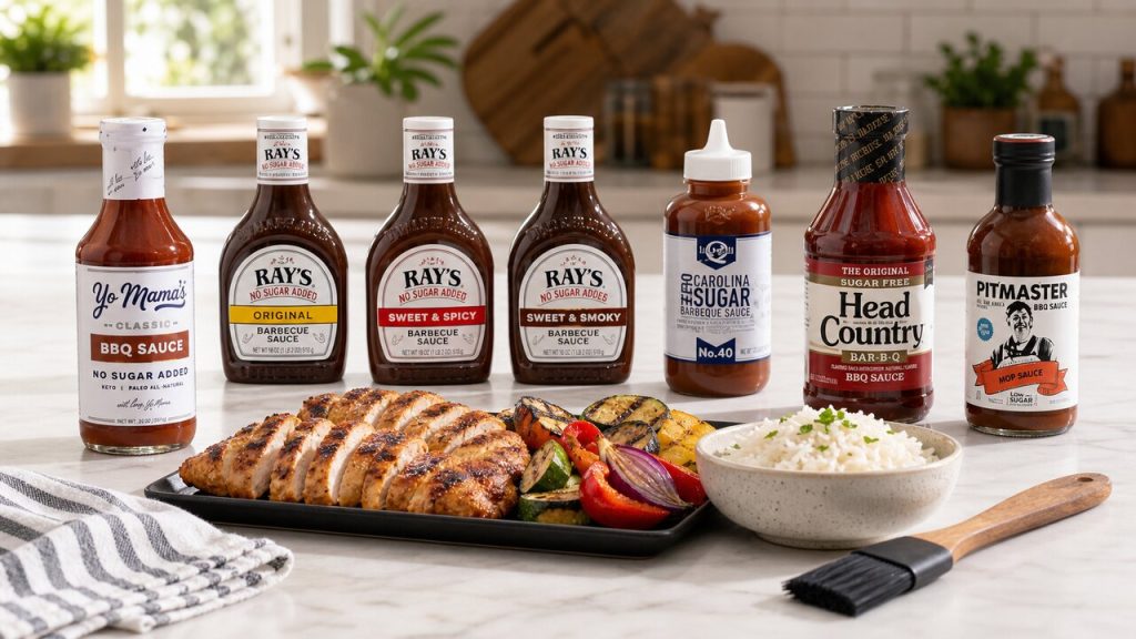 Low-sugar BBQ sauce bottles beside grilled chicken, rice, and vegetables