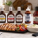 Low-sugar BBQ sauce bottles beside grilled chicken, rice, and vegetables