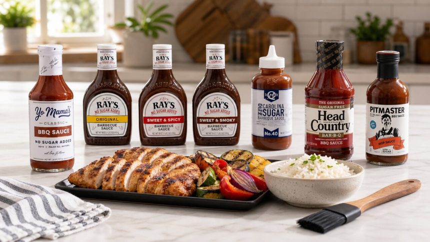Low-sugar BBQ sauce bottles beside grilled chicken, rice, and vegetables