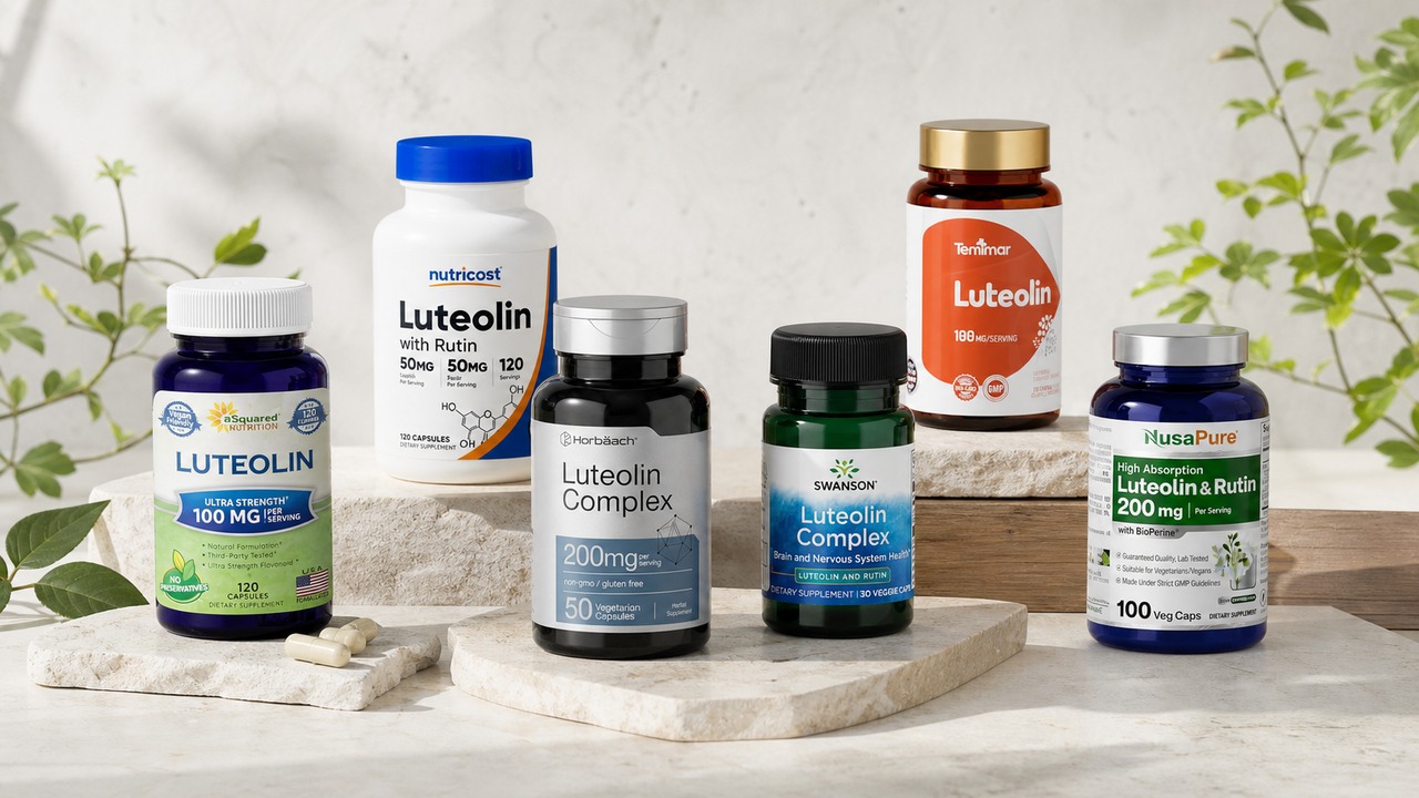 Six labeled luteolin supplement bottles arranged with green botanicals on a bright surface