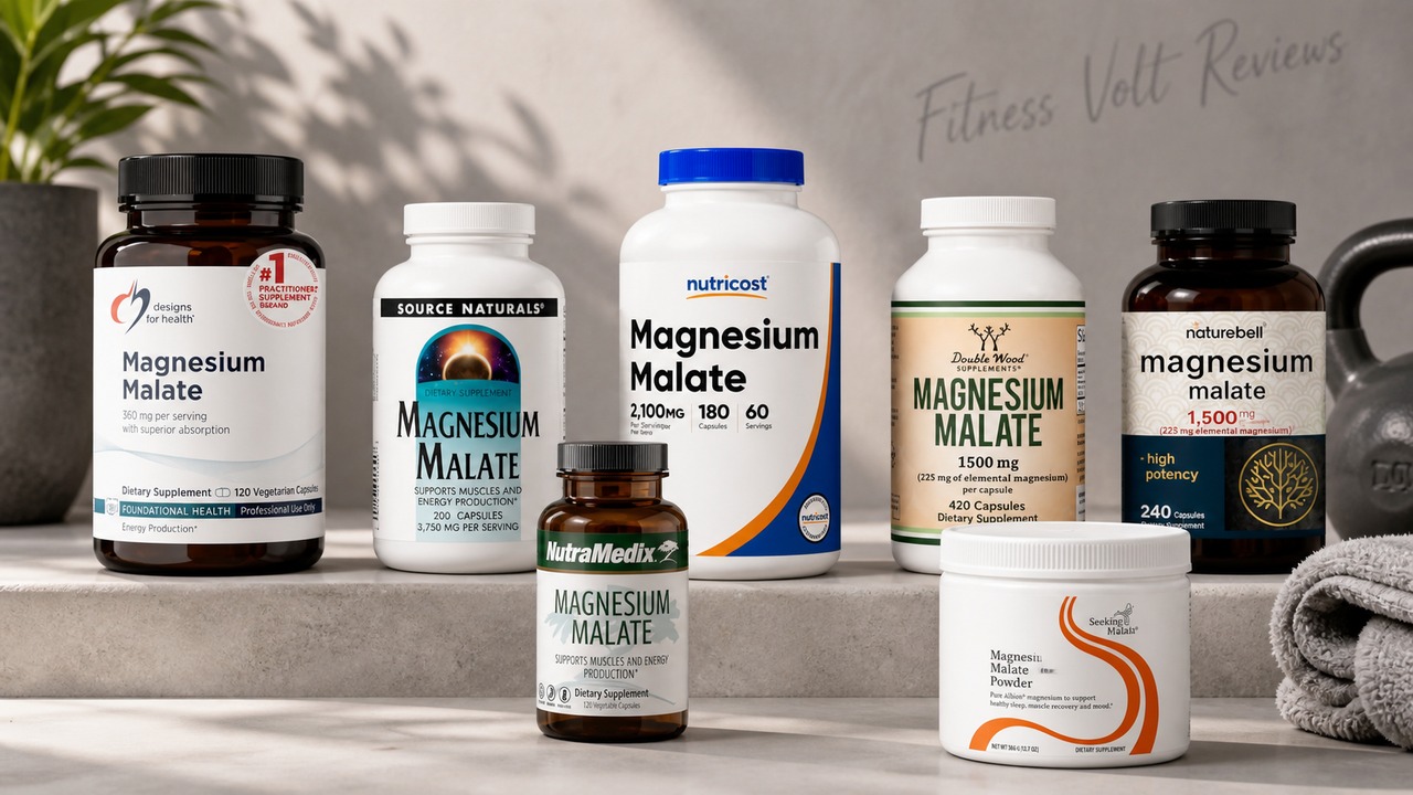 Magnesium malate capsule bottles and unflavored magnesium powder with a supplement facts label beside them