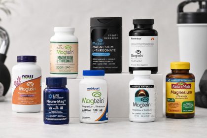 Magnesium L-threonate supplement bottles arranged on a clean fitness nutrition shelf