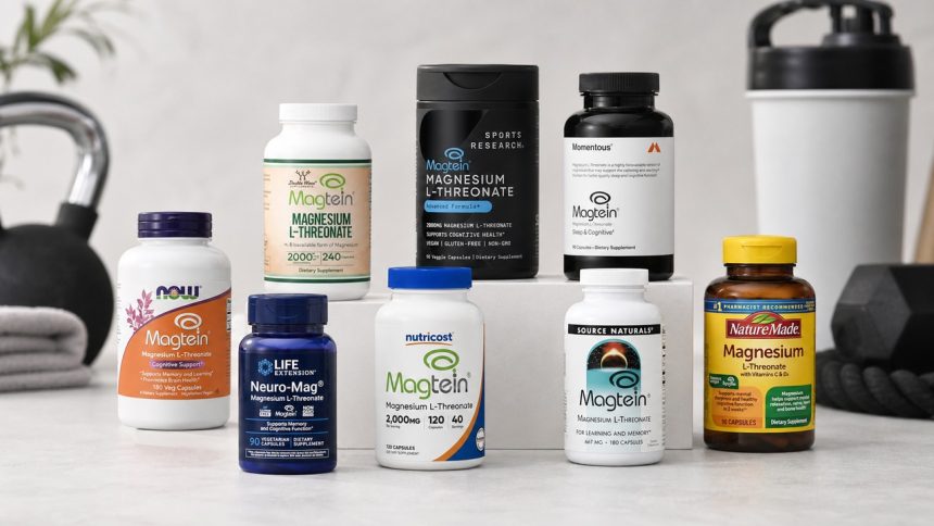 Magnesium L-threonate supplement bottles arranged on a clean fitness nutrition shelf