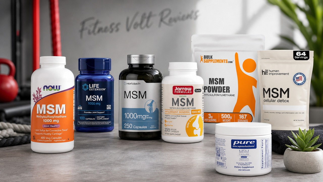 Standalone MSM capsule bottles, powder pouch, measuring scoop, and a supplement facts label arranged on a bright training recovery counter
