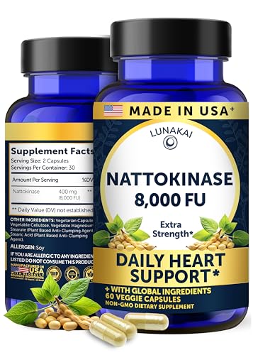 Lunakai USA Made Nattokinase Supplement - 400mg Natto Enzyme, 8000 FU per Serving - Heart & Circulation Support - Non-GMO, 60ct, 4000 FU Capsule