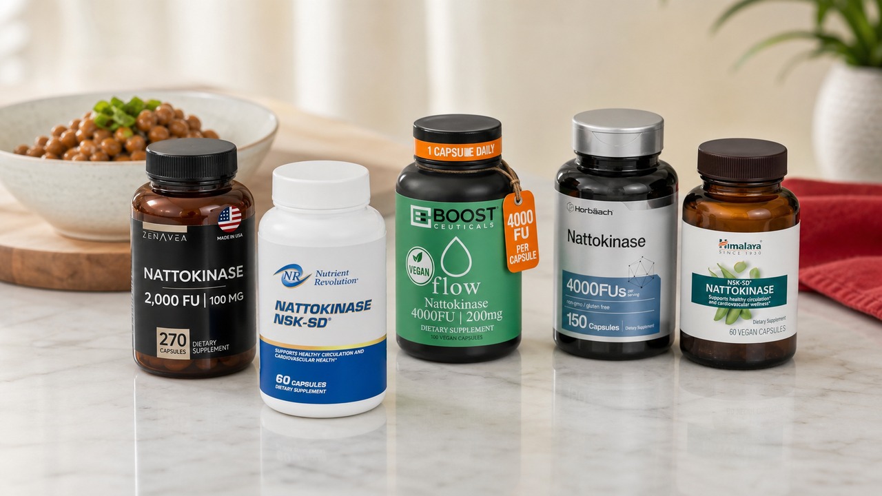 Real labeled products from the best nattokinase supplements comparison arranged in a natural editorial setting