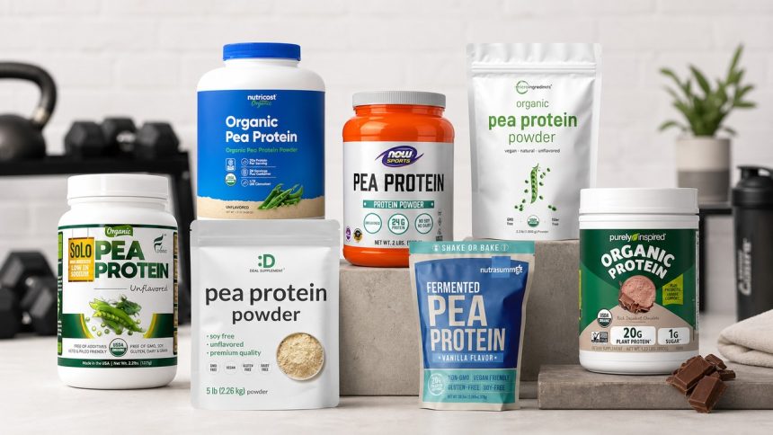 Eight pea protein powder bags arranged with a blender, oats, and berries in a bright fitness kitchen