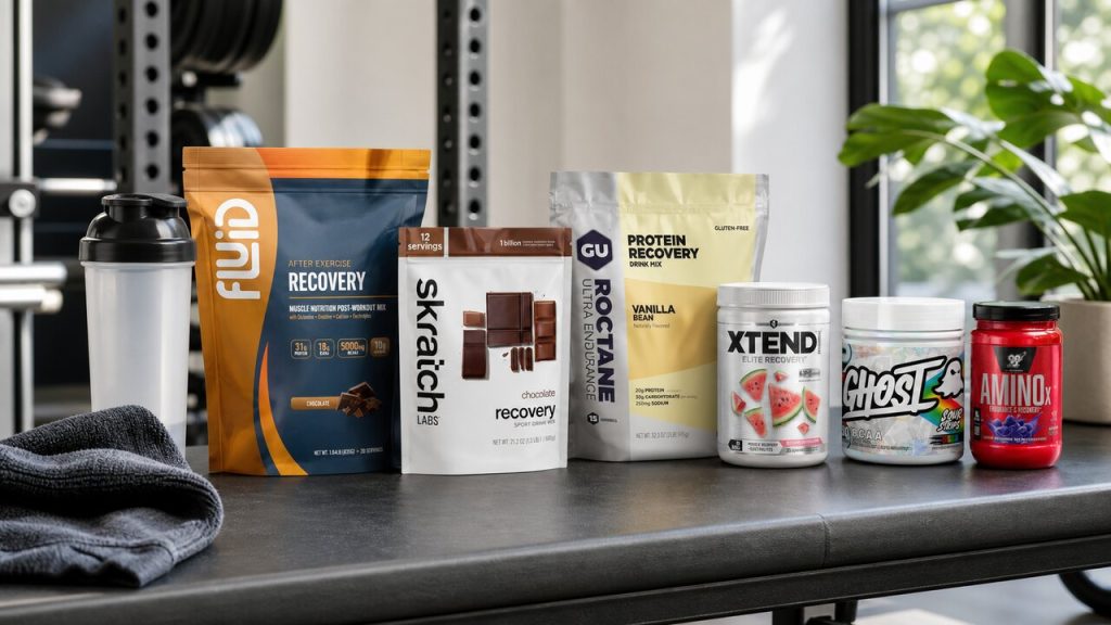 Post-workout recovery drink powders arranged on a bright gym counter