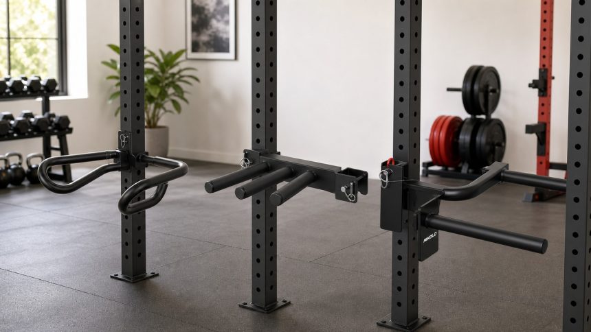 Power rack dip attachments mounted on steel uprights for a home gym compatibility comparison