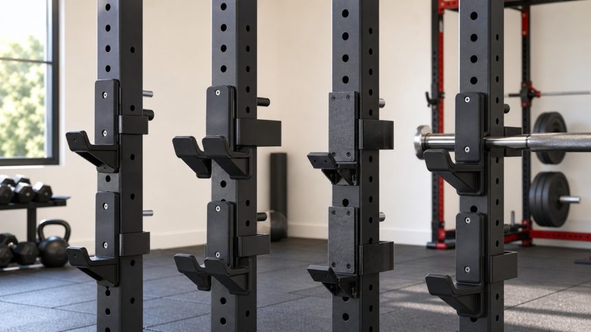 Padded power rack J-hooks mounted on square steel uprights beside a barbell