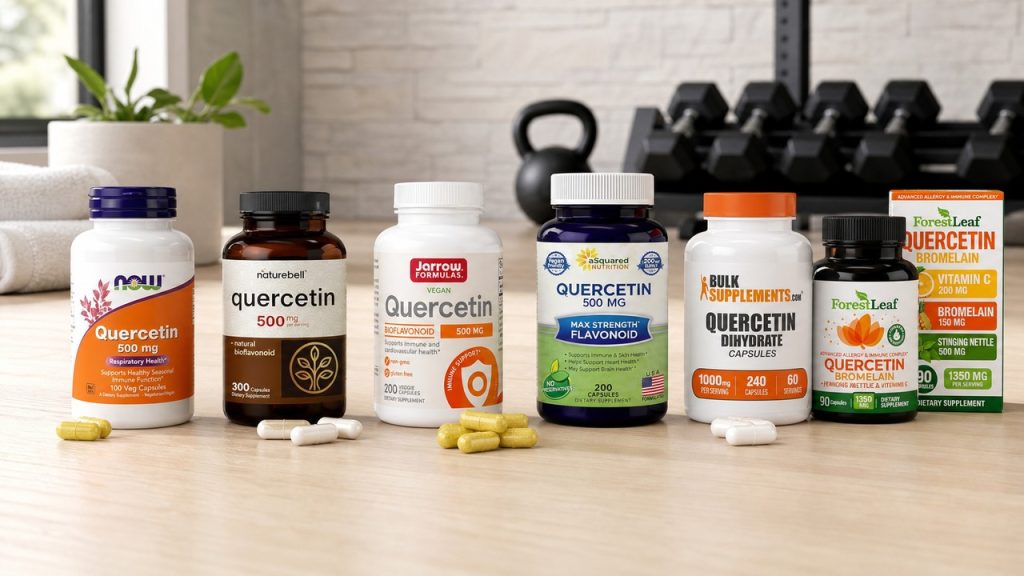 Quercetin supplement bottles with visible labels on a bright fitness nutrition shelf