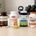 Quercetin supplement bottles with visible labels on a bright fitness nutrition shelf