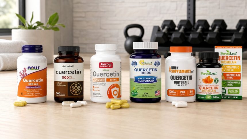 Quercetin supplement bottles with visible labels on a bright fitness nutrition shelf
