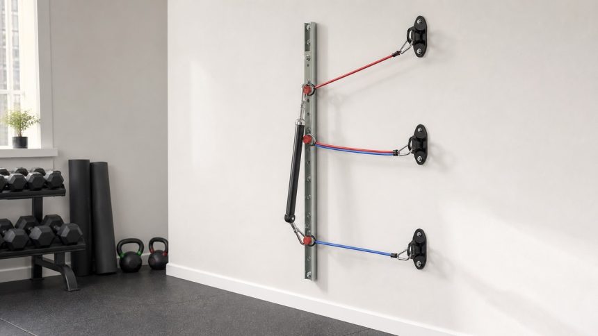 Resistance band wall anchor rails and fixed hooks installed in a bright home gym