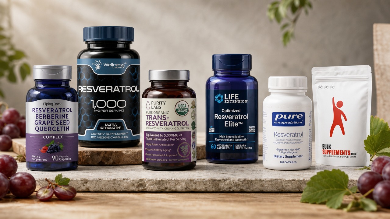 Six labeled resveratrol supplement packages arranged with red grapes on a light stone and wood surface