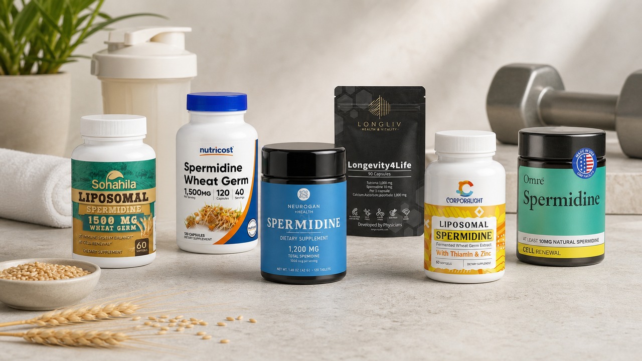 Six labeled spermidine supplement packages arranged with wheat, a shaker bottle, and a dumbbell
