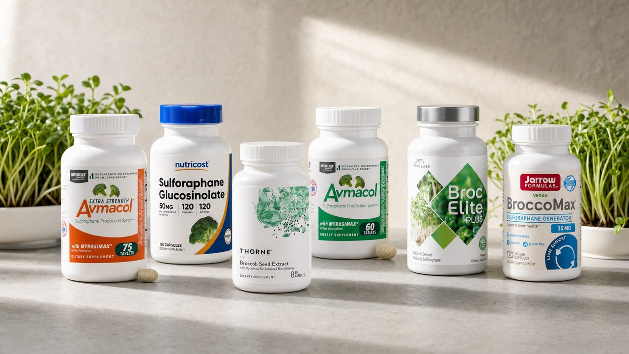 Six labeled sulforaphane supplement packages arranged beside broccoli florets and sprouts
