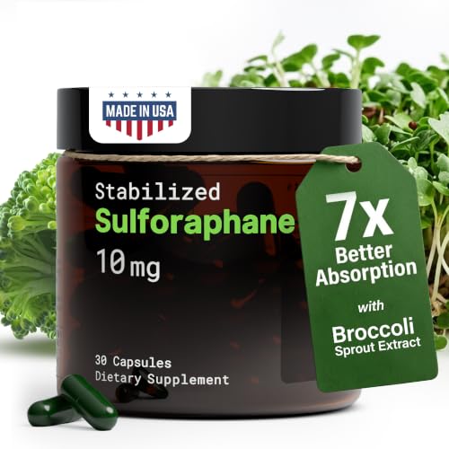 10mg Pure Stabilized Sulforaphane Supplement from Broccoli Sprout Extract - Cellular Detox, Liver & Brain Health Support - Nrf2 Activator - Non-GMO & Glyphosate Free - 30 Vegan Capsules