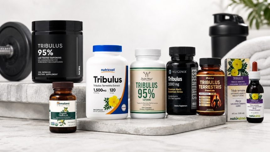 Tribulus terrestris supplement bottles arranged beside a training notebook and measuring scoop