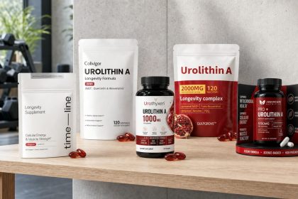 Urolithin A supplement bottles and softgels arranged on a bright home gym nutrition shelf