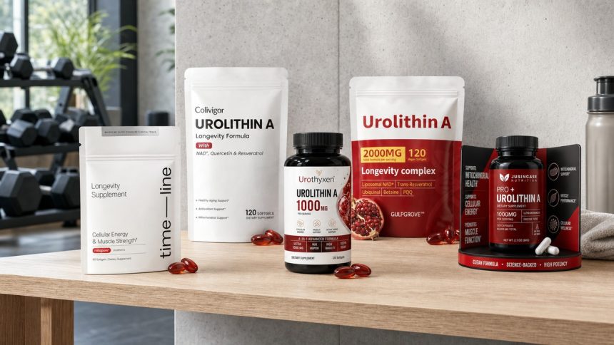 Urolithin A supplement bottles and softgels arranged on a bright home gym nutrition shelf