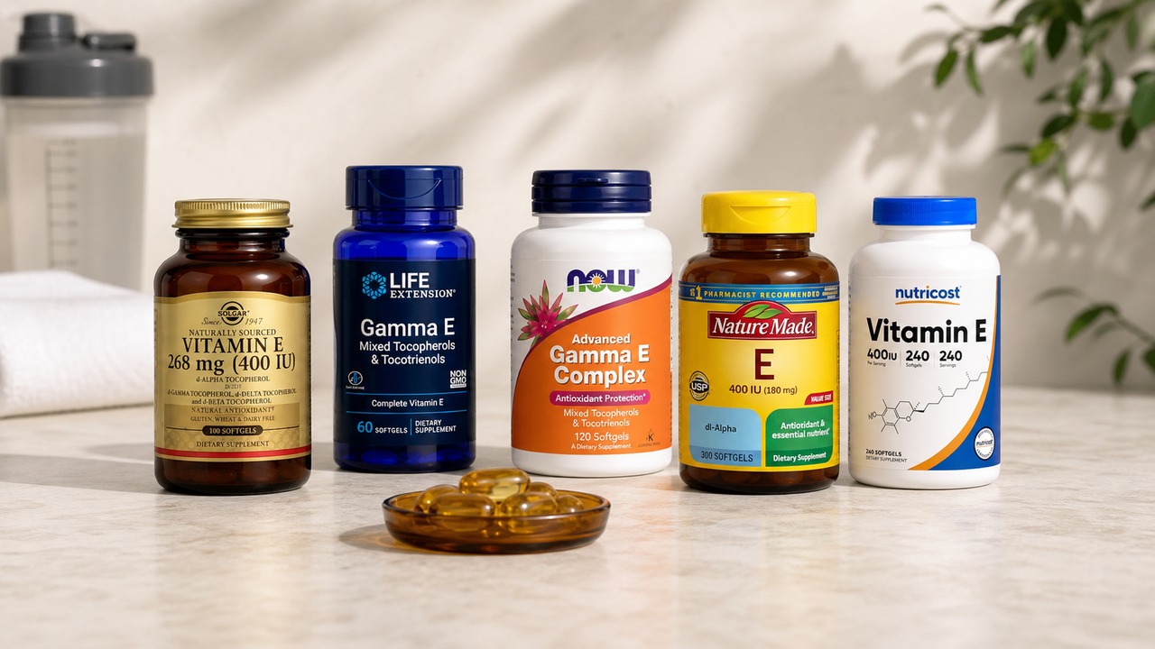 Real labeled products from the best vitamin E supplements comparison arranged in a natural editorial setting