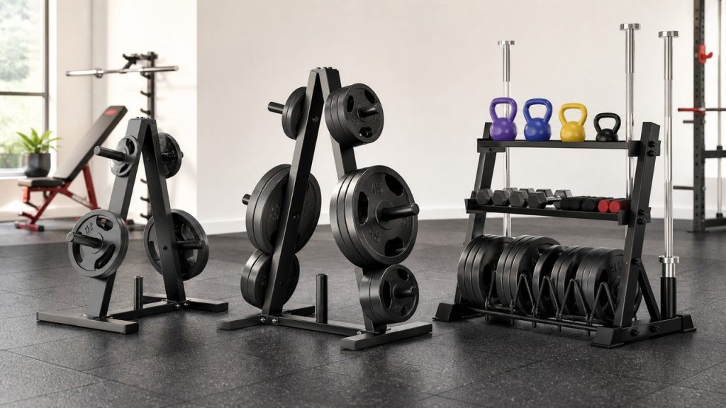 Weight plate trees and plate storage racks organized in a compact home gym