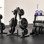 Weight plate trees and plate storage racks organized in a compact home gym