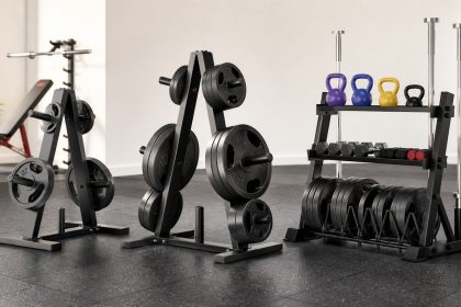Weight plate trees and plate storage racks organized in a compact home gym