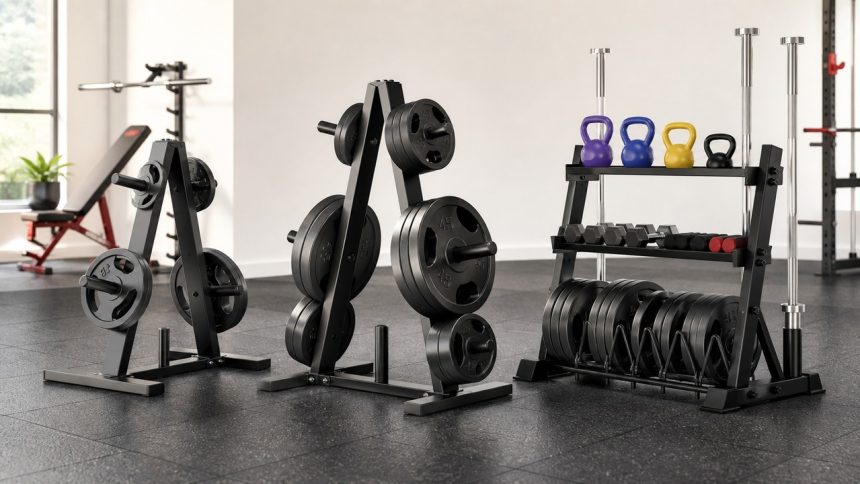 Weight plate trees and plate storage racks organized in a compact home gym