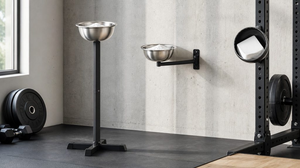 Magnetic, wall-mounted, freestanding, and rolling chalk bowls in a bright organized home gym