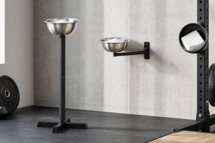 Magnetic, wall-mounted, freestanding, and rolling chalk bowls in a bright organized home gym