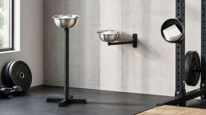Magnetic, wall-mounted, freestanding, and rolling chalk bowls in a bright organized home gym