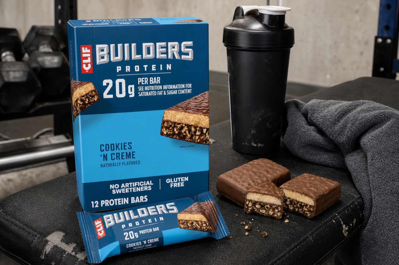 CLIF BUILDERS Cookies N Creme box and bars beside a shaker and training towel on a gym bench