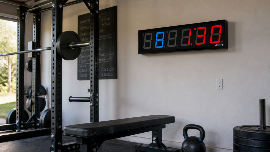 GymNext Flex Timer mounted above a squat rack in a garage gym