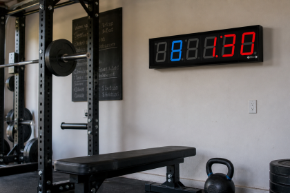 GymNext Flex Timer mounted above a squat rack in a garage gym